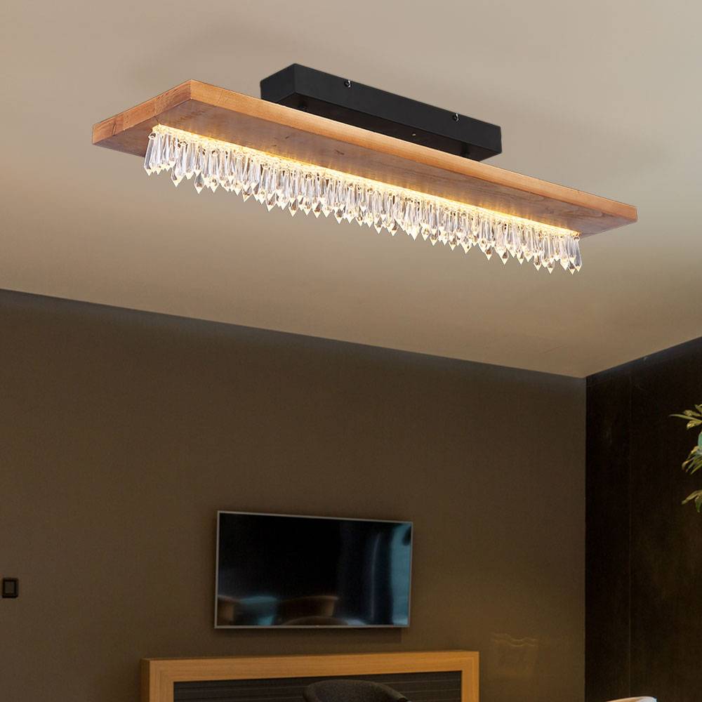 Deckenleuchte Kristall modern Deckenlampe Holz LED Holzleuchte Esszimmer, Kristalldekor, Holzoptik, Metall schwarz klar opal, 1x LED 25W 1546Lm