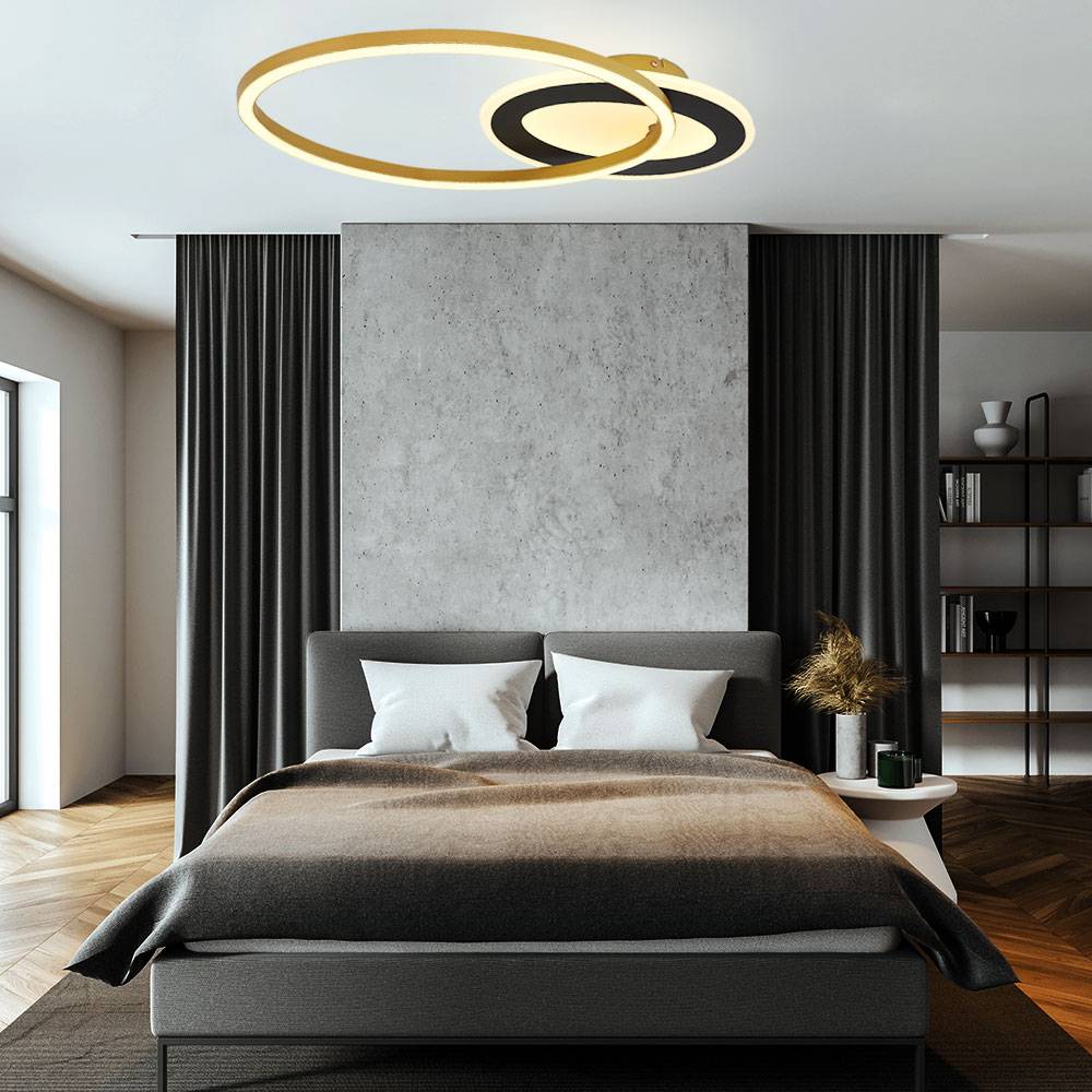 Deckenleuchte Ringform Wohnzimmerlampe schwarz gold Design Deckenlampe mit drehbarem Elemnt, Metall Acryl, opal, 1x 24W 1140lm 3000K, LxBxH