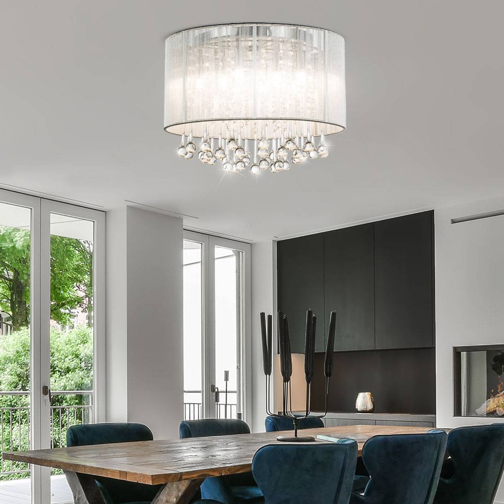 Deckenleuchte Glaskristalle Deckenlampe Wohnzimmerlampe rund silber chrom mit Glaskristallen, Metall Seide, verchromt, 8x G9 LED 8x 280 lm 3000