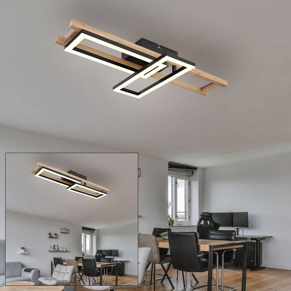 Deckenleuchte LED eckig Deckenlampe Holz Schlafzimmer Wohnzimmerlampe, 1 Rechteck verstellbar, Metall schwarz, 20W 850lm 3000k, LxH 69x10,5 cm