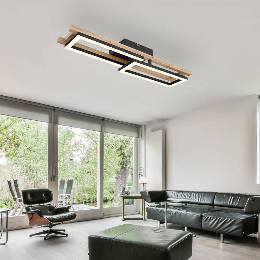 Deckenleuchte LED eckig Deckenlampe Holz Schlafzimmer Wohnzimmerlampe, 1 Rechteck verstellbar, Metall schwarz, 20W 850lm 3000k, LxH 69x10,5 cm