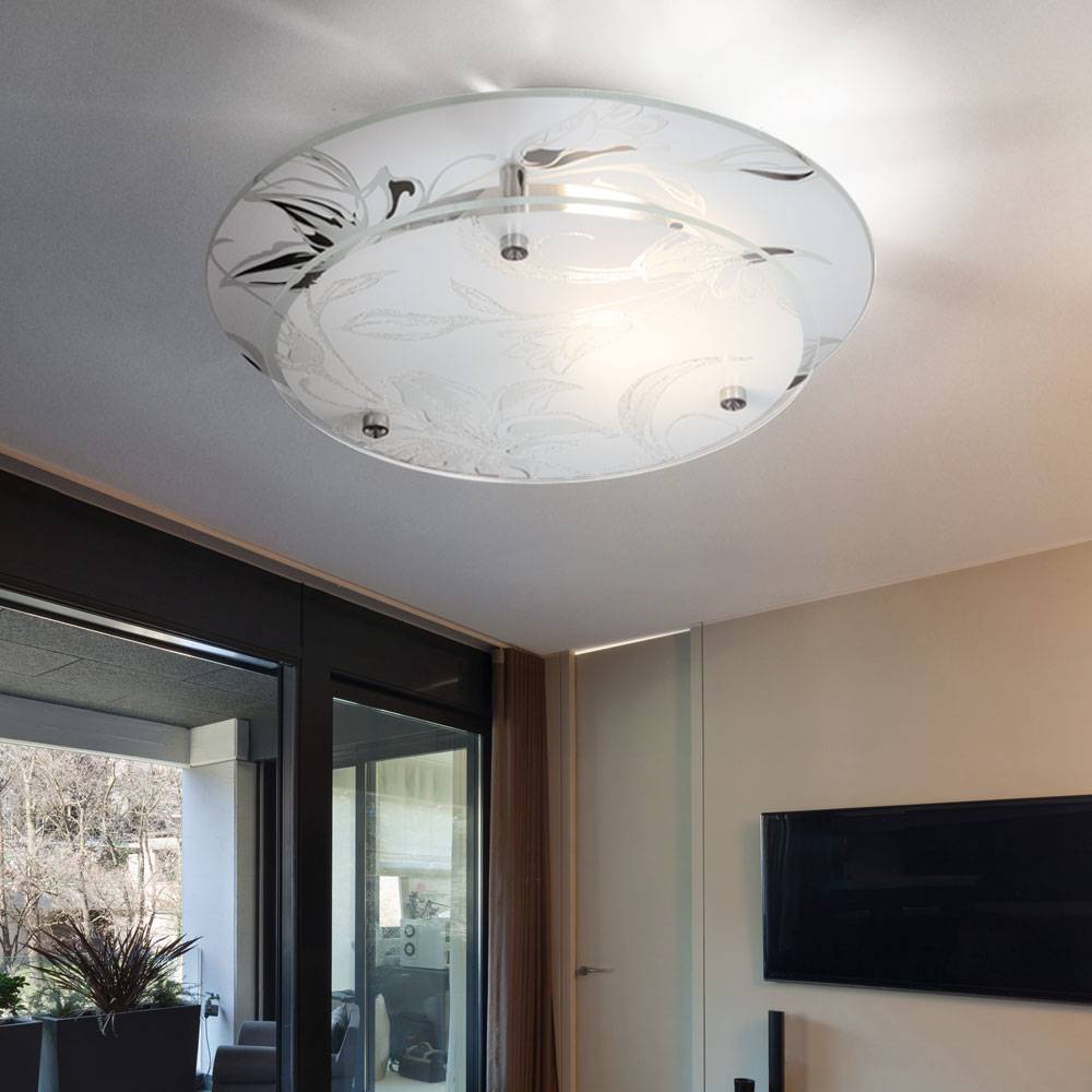 Glas Deckenleuchte rund LED Deckenlampe E27 Küchenlampe modern Wohnzimmerleuchte chrom, Blumen Dekor weiß, 3W 320lm warmweiß, D 25 cm