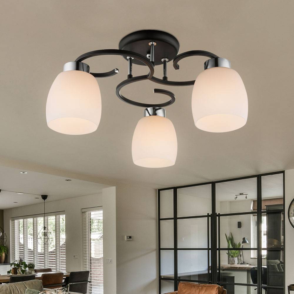 Decken Leuchte Metall Lampe Schwarz Glas Opal Weiß Schlaf Zimmer Beleuchtung