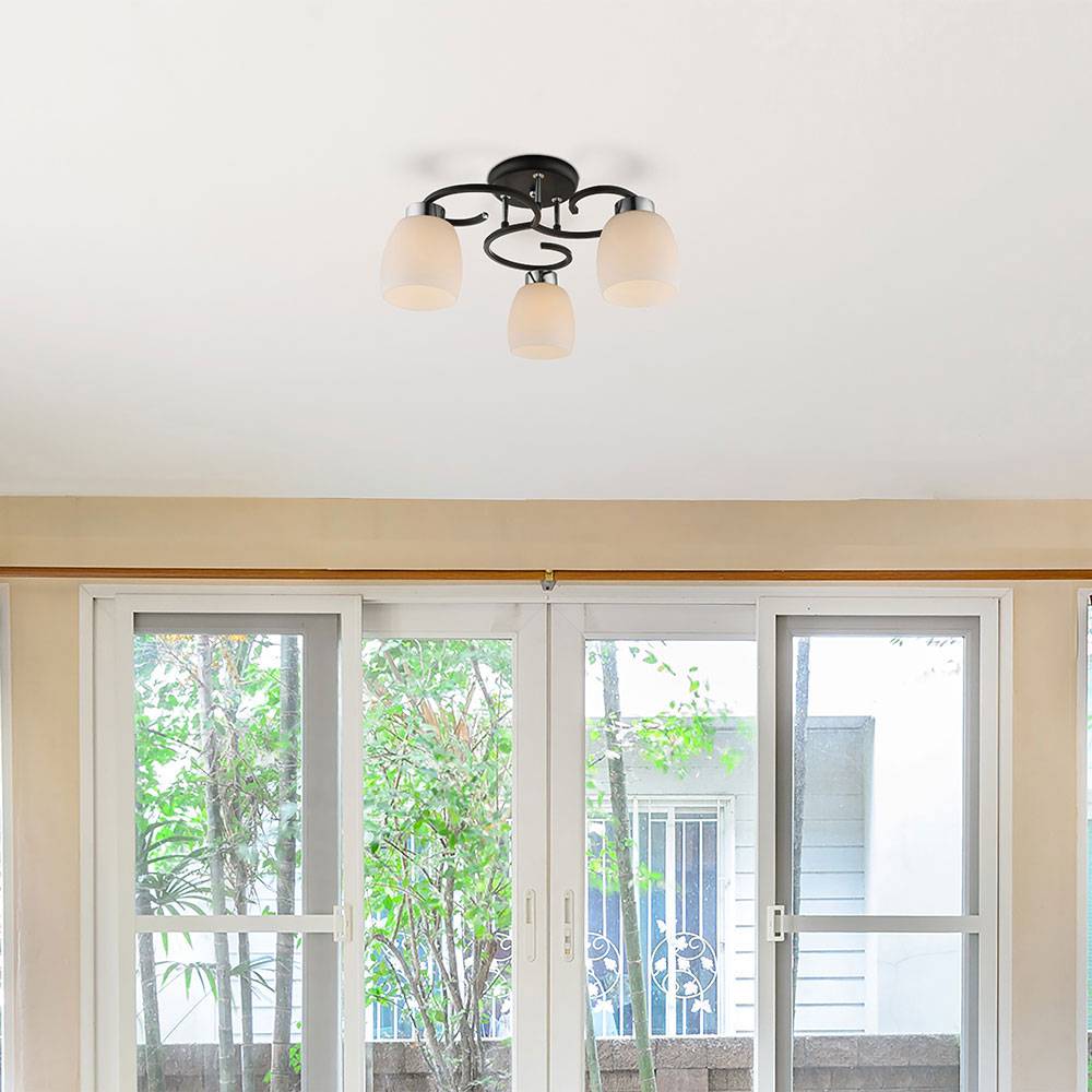 Decken Leuchte Metall Lampe Schwarz Glas Opal Weiß Schlaf Zimmer Beleuchtung