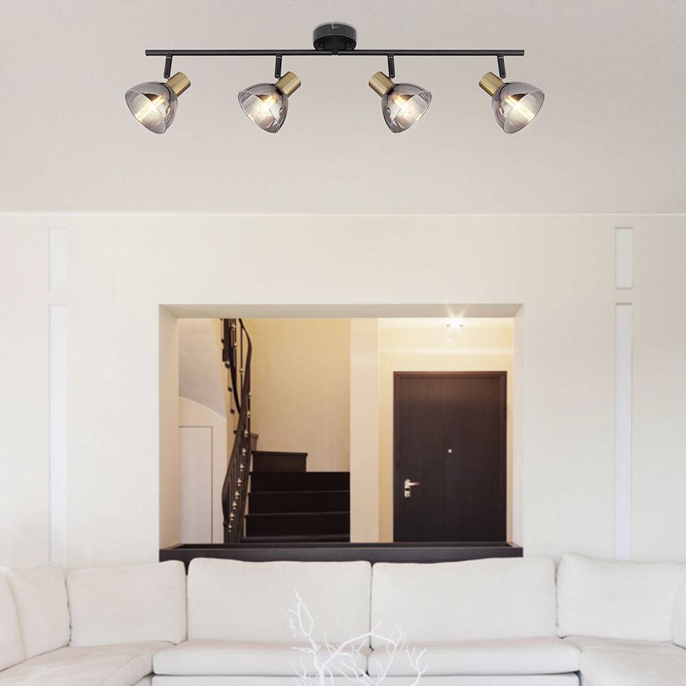 Deckenstrahler 4 flammig Deckenlampe Retro schwarz Deckenleuchte Küche 79 cm, schwenkbare Spots, schwarz messing, Glas rauch, 4x E14