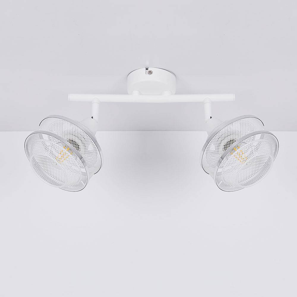 Deckenlampe Spotleuchte Wohnzimmerlampe Designlampe Deckenleuchte 2 flammig mit Chromring zum verstellen, Metall Gitter weiß, 2x E14 Fassungen