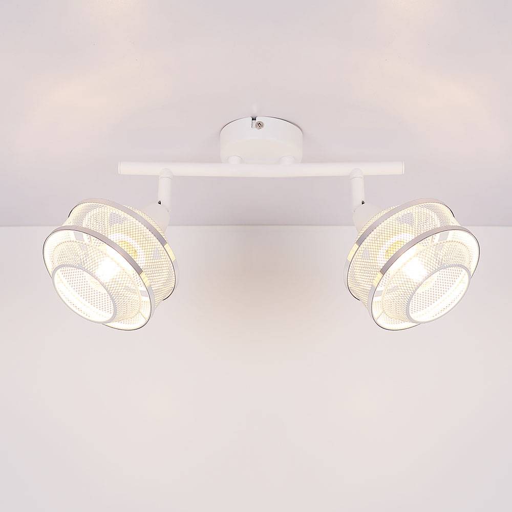 Deckenlampe Spotleuchte Wohnzimmerlampe Designlampe Deckenleuchte 2 flammig mit Chromring zum verstellen, Metall Gitter weiß, 2x E14 Fassungen