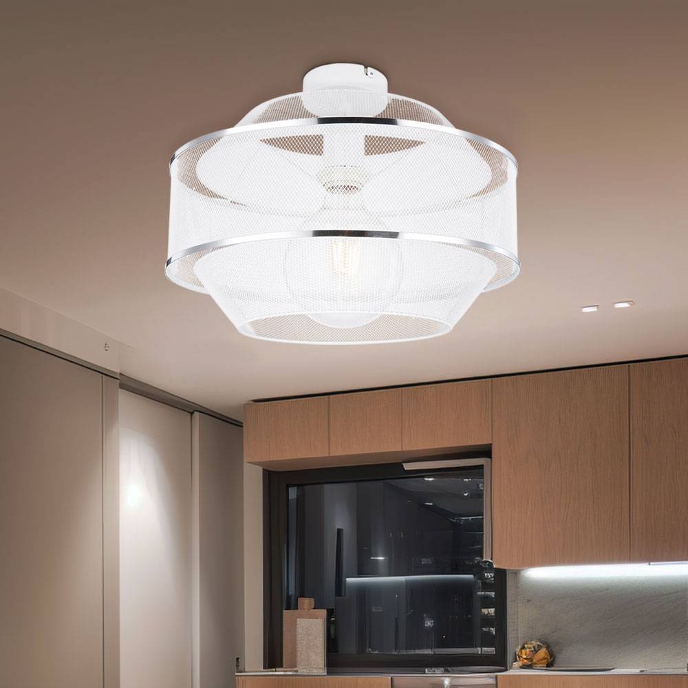 Deckenlampe Drahtgeflecht Esszimmer Designlampe Deckenleuchte 1 flammig mit zwei Chromringen in Gitteroptik, Metall Käfig weiß, 1x E27 Fassung, DxH