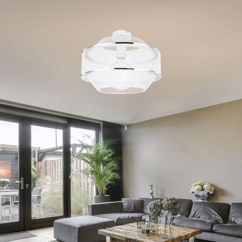 Deckenlampe Drahtgeflecht Esszimmer Designlampe Deckenleuchte 1 flammig mit zwei Chromringen in Gitteroptik, Metall Käfig weiß, 1x E27 Fassung, DxH
