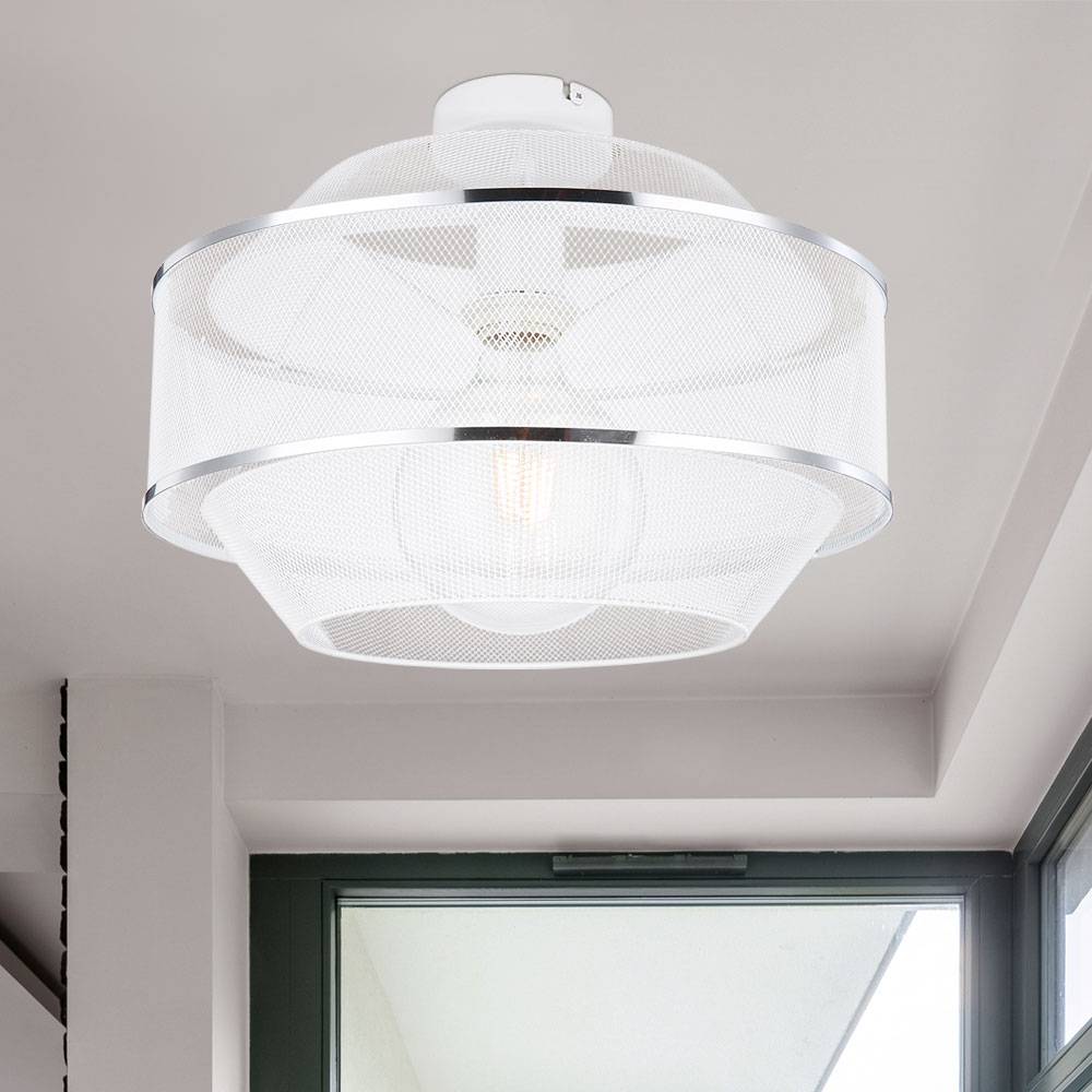 Deckenlampe Drahtgeflecht Esszimmer Designlampe Deckenleuchte 1 flammig mit zwei Chromringen in Gitteroptik, Metall Käfig weiß, 1x E27 Fassung, DxH