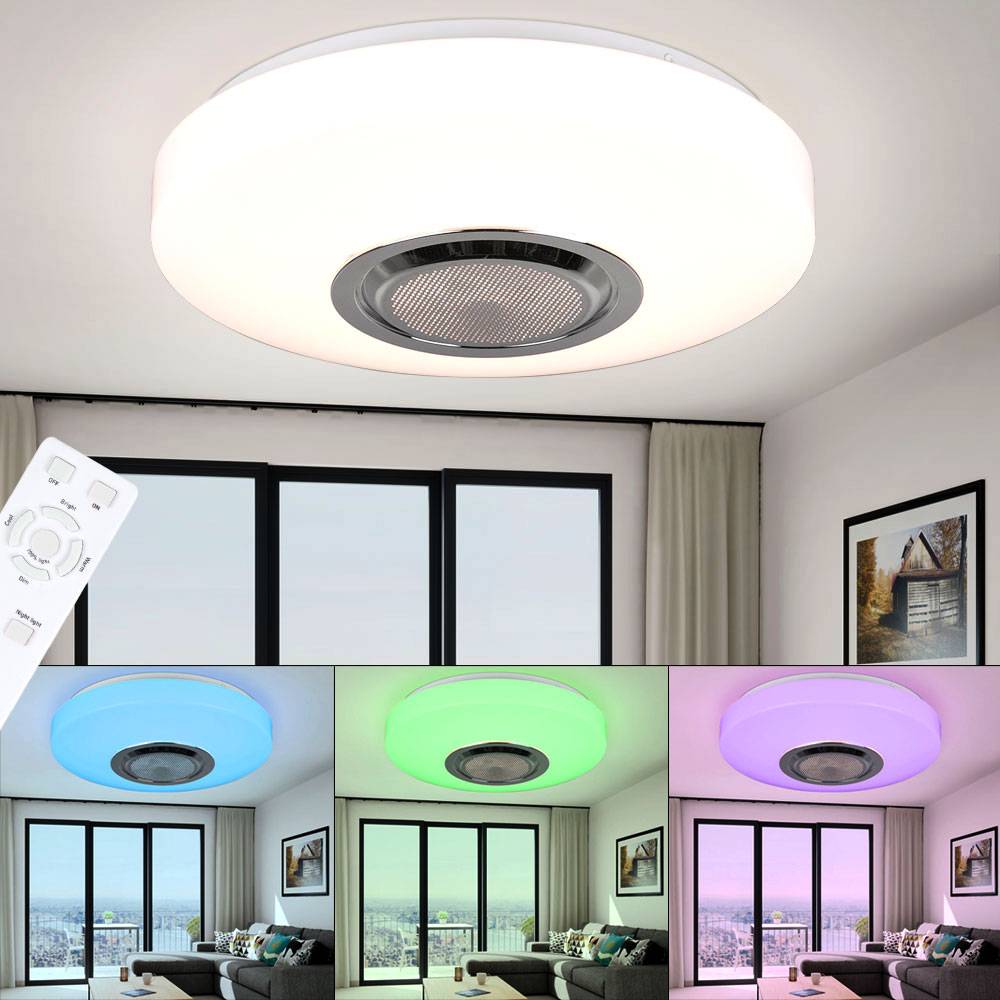 RGB LED Deckenlampe Bluetooth Lautsprecher mit Fernbedienung Deckenleuchte Wohnzimmer, weiß, Farben fixierbar Farbwechsler dimmbar Nachtlicht, 10W