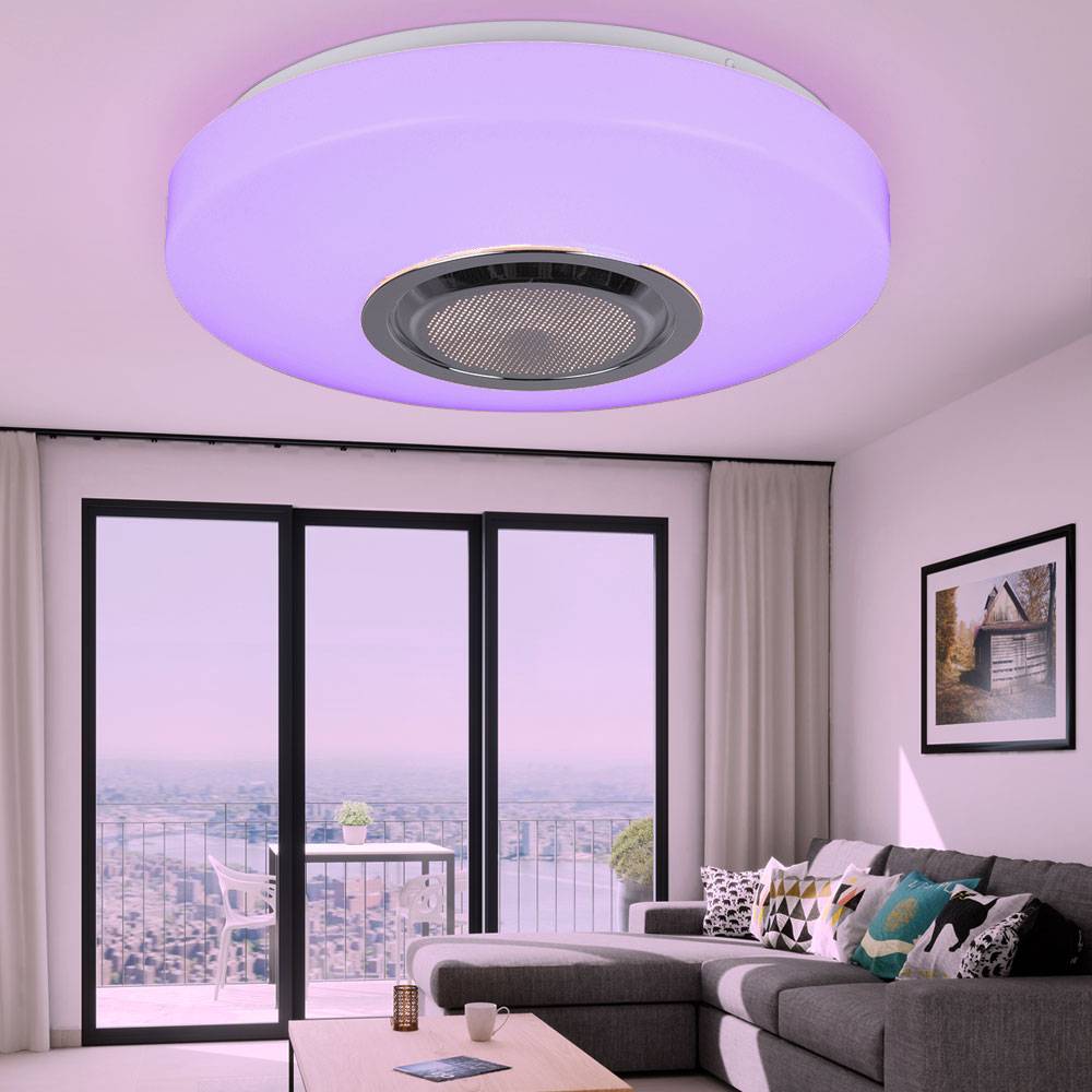 RGB LED Deckenlampe Bluetooth Lautsprecher mit Fernbedienung Deckenleuchte Wohnzimmer, weiß, Farben fixierbar Farbwechsler dimmbar Nachtlicht, 10W