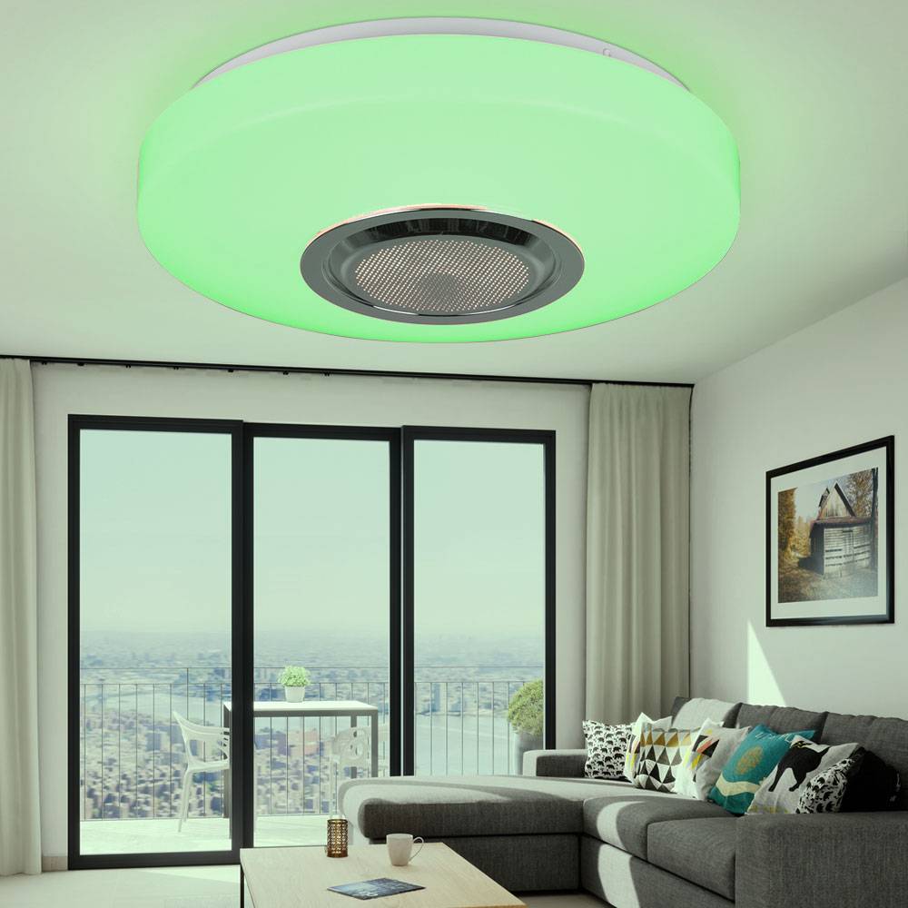 RGB LED Deckenlampe Bluetooth Lautsprecher mit Fernbedienung Deckenleuchte Wohnzimmer, weiß, Farben fixierbar Farbwechsler dimmbar Nachtlicht, 10W