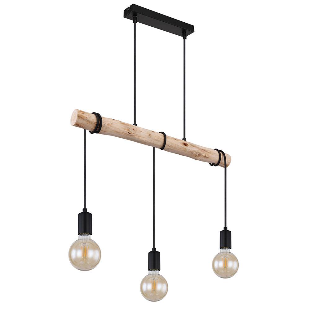 Hängelampe Holzlampe Strahler Deckenlampe schwarz Pendelleuchte 3 Flammig, Metall naturfarben, zum Wickeln, 3x E27, LxBxH 60x5x120 cm
