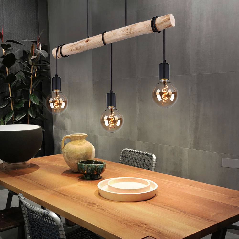 Hängelampe Holzlampe Strahler Deckenlampe schwarz Pendelleuchte 3 Flammig, Metall naturfarben, zum Wickeln, 3x E27, LxBxH 60x5x120 cm