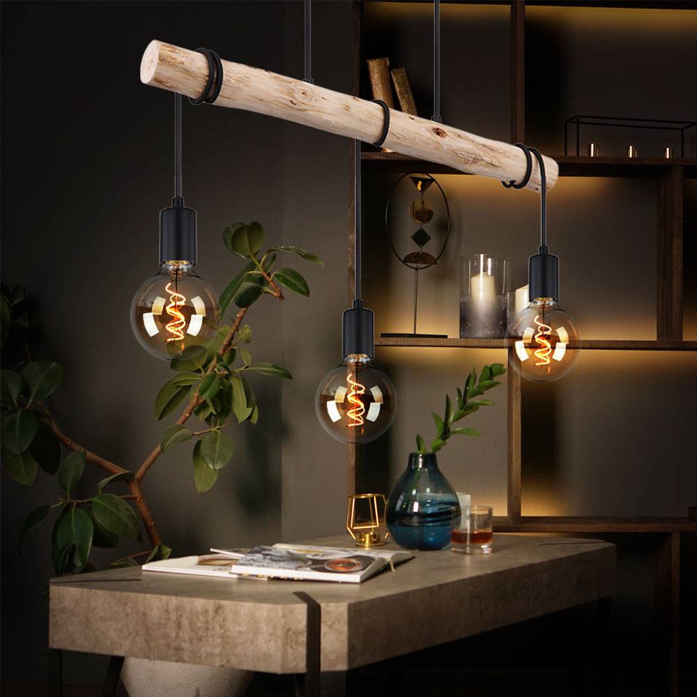 Hängelampe Holzlampe Strahler Deckenlampe schwarz Pendelleuchte 3 Flammig, Metall naturfarben, zum Wickeln, 3x E27, LxBxH 60x5x120 cm