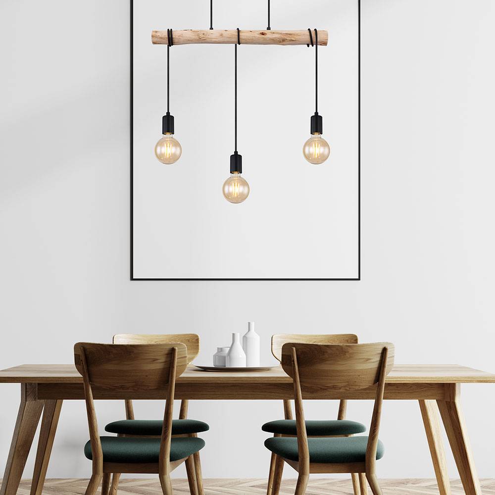 Hängelampe Holzlampe Strahler Deckenlampe schwarz Pendelleuchte 3 Flammig, Metall naturfarben, zum Wickeln, 3x E27, LxBxH 60x5x120 cm