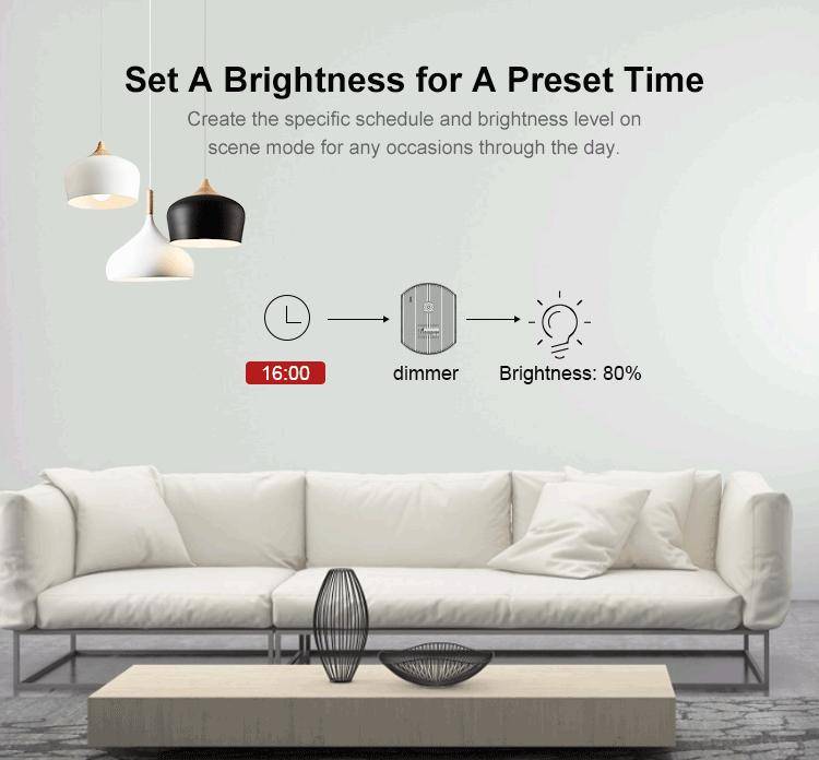 Beispiel für eine intelligente Beleuchtungsszene mit einem Dimmer, der für 16:00 Uhr mit einer Helligkeit von 80% für ein Wohnzimmer eingestellt ist