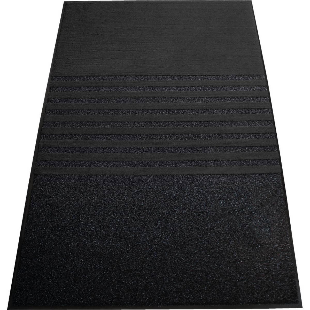 Schwarze rutschfeste Bodenmatte mit geripptem Oberteil und strukturierter Unterseite.