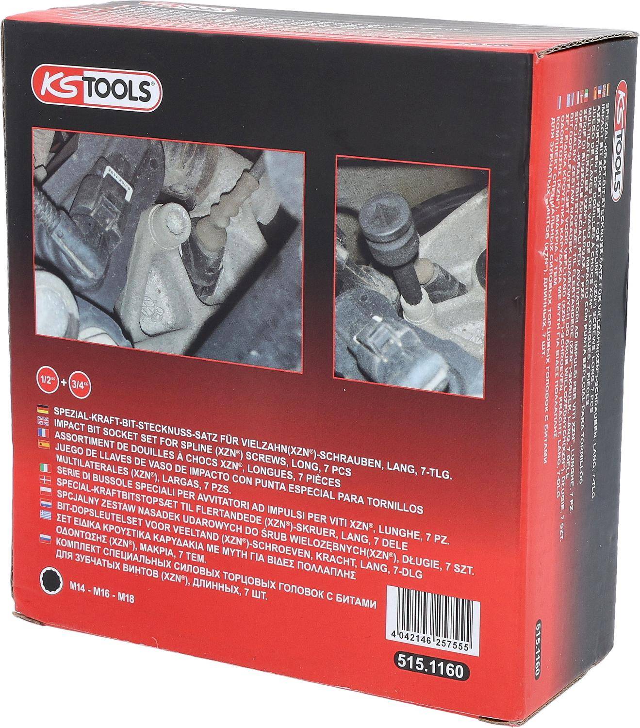 KS Tools' Verpackung mit Bildern eines Werkzeugsatzes. Text listet Spezifikationen auf, einschließlich 'Schraubsteckschlüsselsatz für lange XZN-Schrauben'. Modellnummer 515.1160.