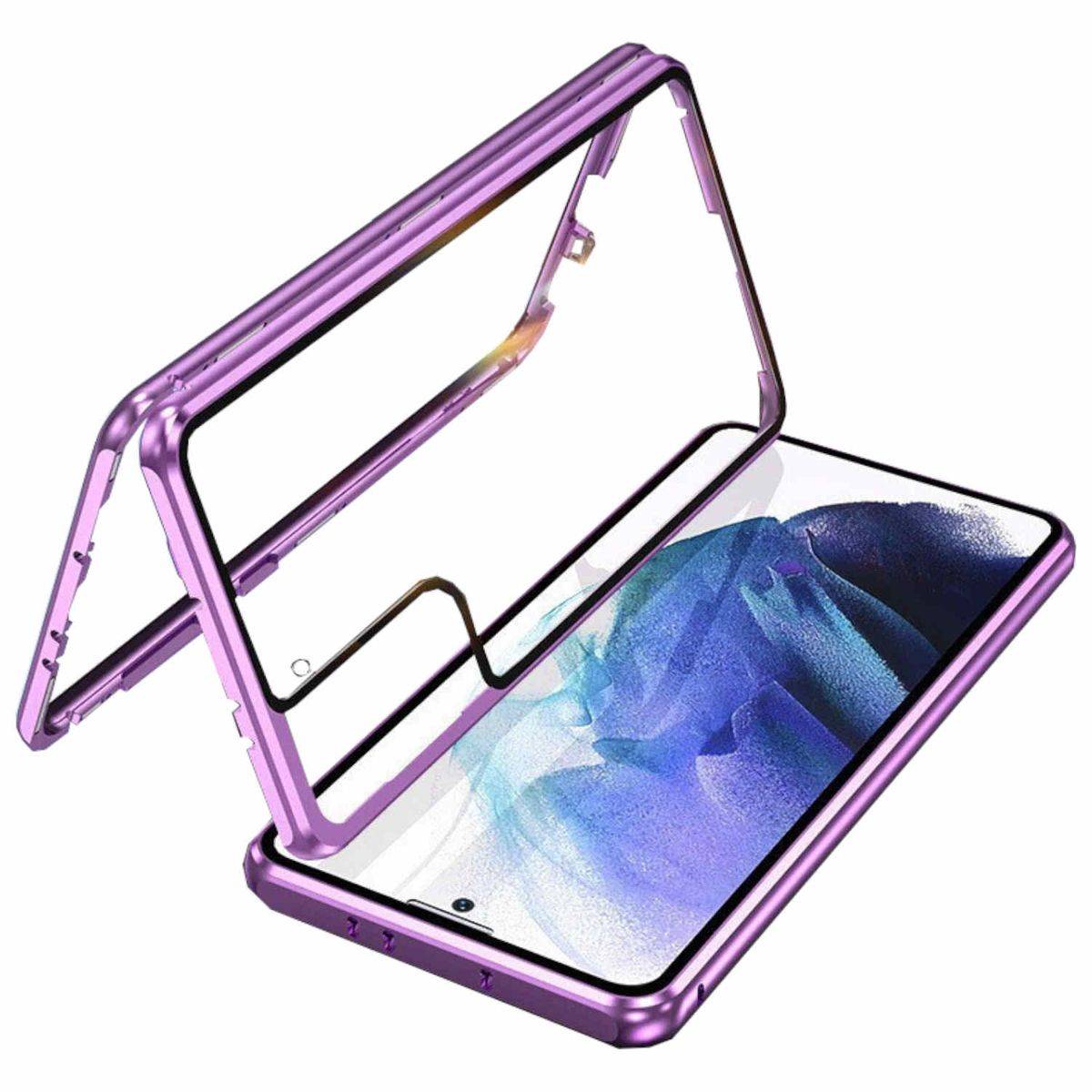 Für Samsung Galaxy S22 Beidseitiger 360 Grad Magnet / Glas Case Hülle Handy Tasche Bumper Lila