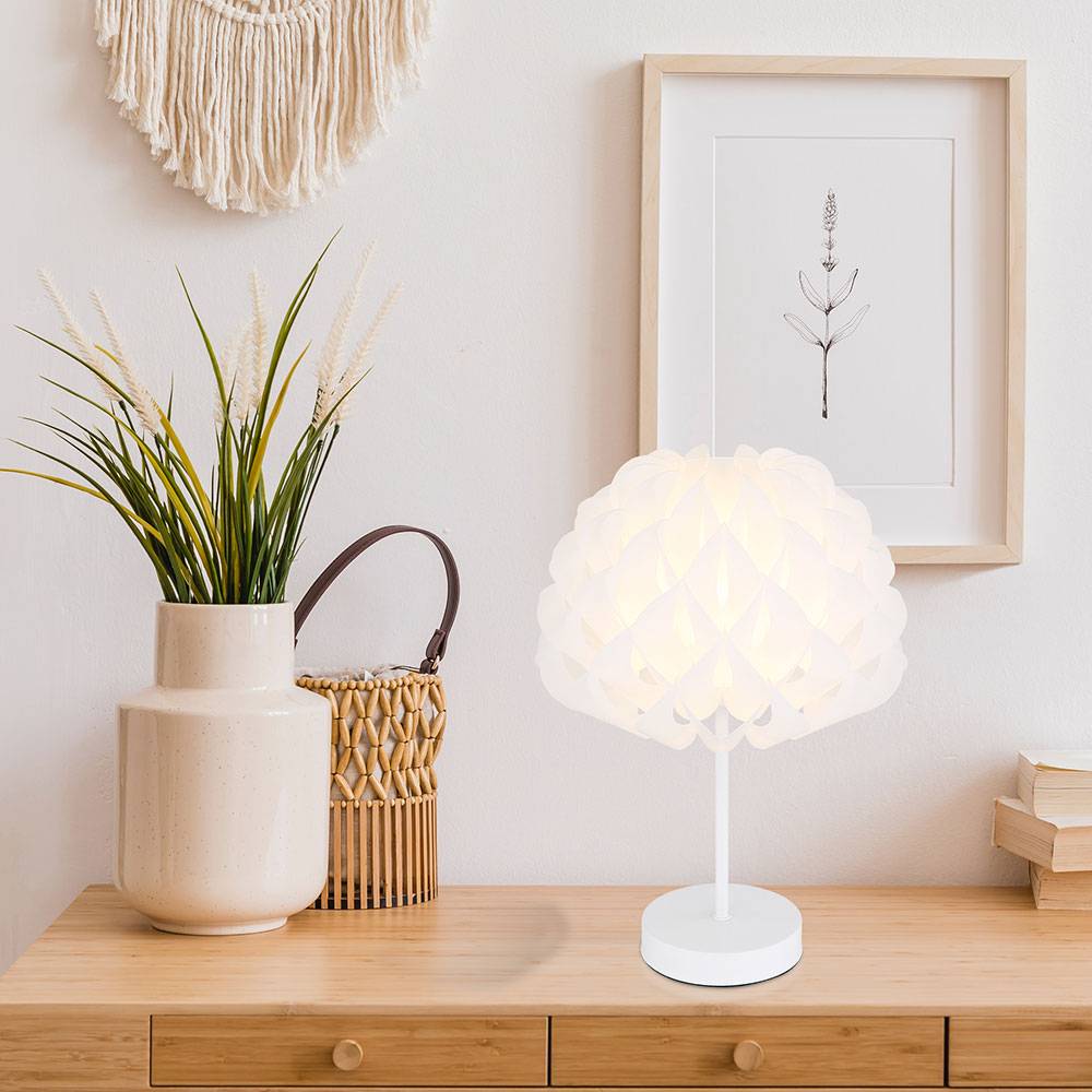 Nachttischlampe Tischlampe weiß Tischleuchte Schlafzimmer, Leseleuchte Dekorbögen, modern, Metall, 1x E14 Fassung, DxH 25x35 cm