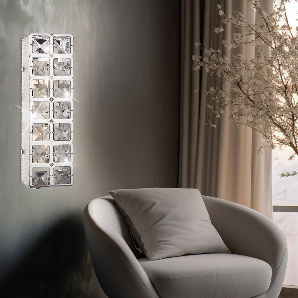 Wandleuchte Chrom Wandlampe Kristalle Kristallleuchte Wand Wohnzimmer, 2x LED 5W 400Lm warmweiß, LxBxH 29x9x9 cm