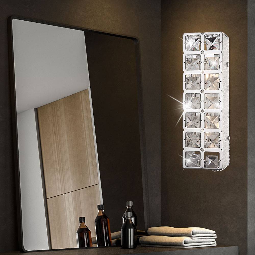 Wandleuchte Chrom Wandlampe Kristalle Kristallleuchte Wand Wohnzimmer, 2x LED 5W 400Lm warmweiß, LxBxH 29x9x9 cm