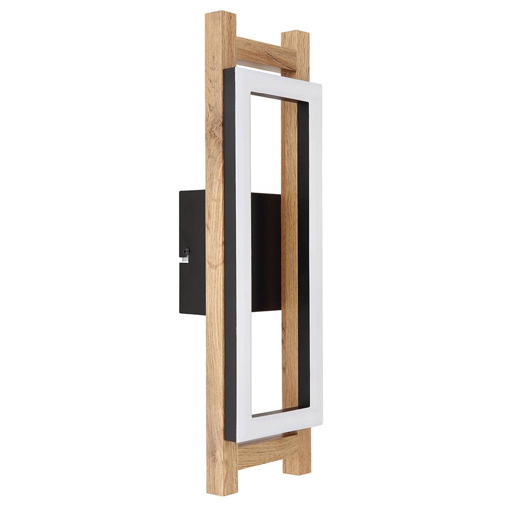 Wandlampe Holzleuchte Flur Wandleuchte Vintage, Metall schwarz MDF dunkelbraun opal, 1x LED 10W 400Lm 3000K, HxBxÜ 45x13,5x7,5 cm