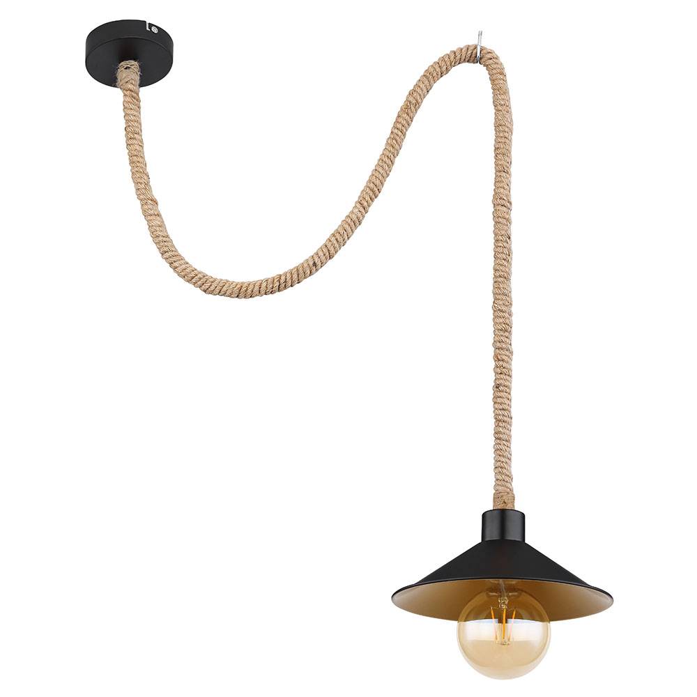 Seillampe Pendellampe Hanfseil gold schwarz E27 Vintage Wohnzimmer Pendelleuchte verstellbar, Hanfseil Metall, 1x E27 Fassung, DxH 22x120 cm