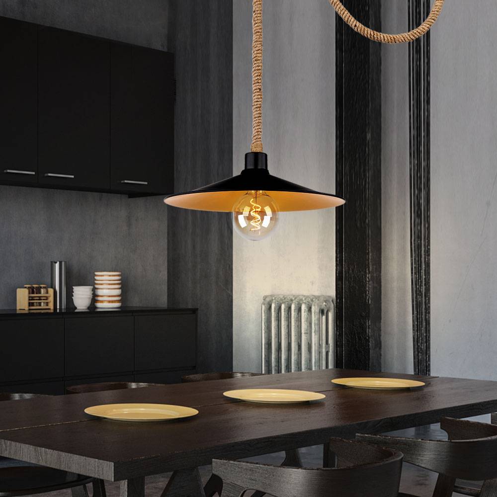 Hängeleuchte Seillampe Hanfseil gold schwarz Landhausstil Wohnzimmer Pendelleuchte Deckenlampe verstellbar, Hanfseil Metall, 1x E27 Fassung, DxH