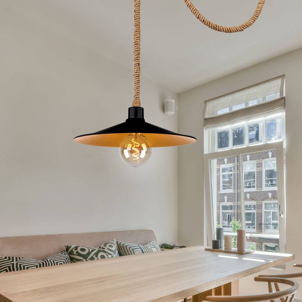Hängeleuchte Seillampe Hanfseil gold schwarz Landhausstil Wohnzimmer Pendelleuchte Deckenlampe verstellbar, Hanfseil Metall, 1x E27 Fassung, DxH