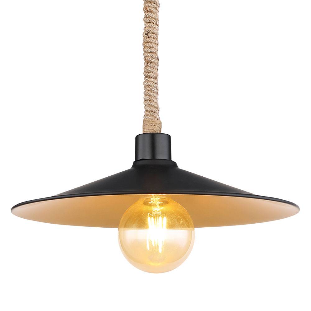 Hängeleuchte Seillampe Hanfseil gold schwarz Landhausstil Wohnzimmer Pendelleuchte Deckenlampe verstellbar, Hanfseil Metall, 1x E27 Fassung, DxH