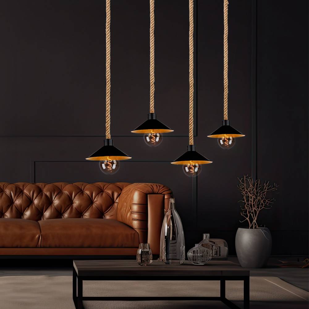 Hängeleuchte Pendellampe Hanfseil Seillampe Pendelleuchte gold schwarz Landhausstil Esszimmer Höhenverstellbar, Metall, 4x E27 Fassung, LxBxH 112,5x