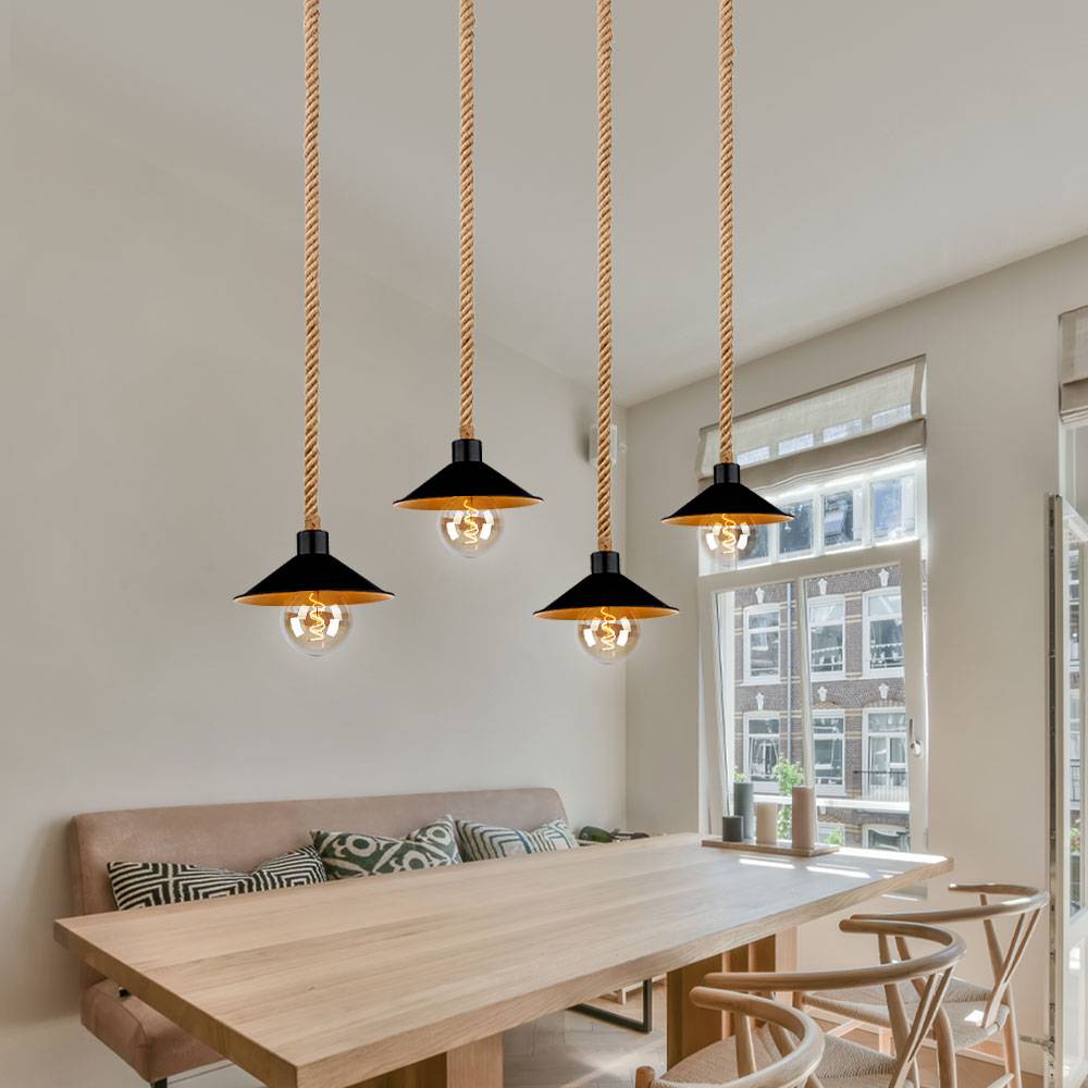 Hängeleuchte Pendellampe Hanfseil Seillampe Pendelleuchte gold schwarz Landhausstil Esszimmer Höhenverstellbar, Metall, 4x E27 Fassung, LxBxH 112,5x