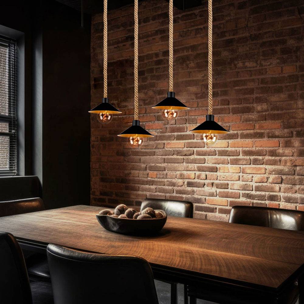 Hängeleuchte Pendellampe Hanfseil Seillampe Pendelleuchte gold schwarz Landhausstil Esszimmer Höhenverstellbar, Metall, 4x E27 Fassung, LxBxH 112,5x