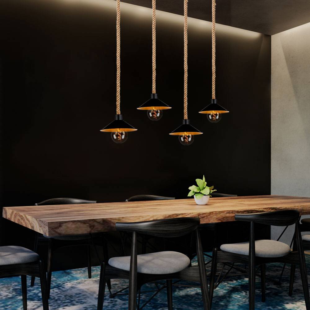 Hängeleuchte Pendellampe Hanfseil Seillampe Pendelleuchte gold schwarz Landhausstil Esszimmer Höhenverstellbar, Metall, 4x E27 Fassung, LxBxH 112,5x