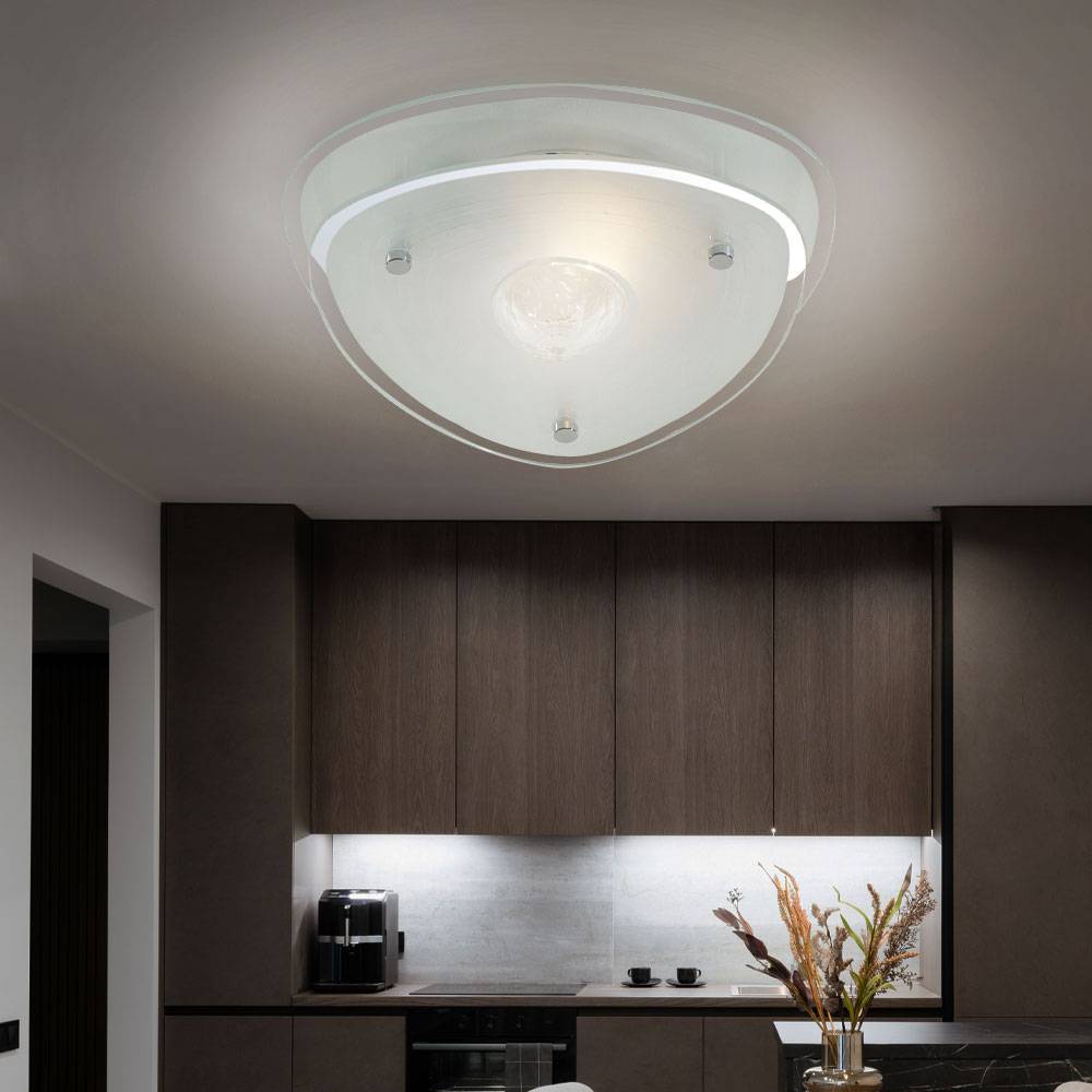 Deckenlampe Kristallglas Deckenleuchte Wohnzimmerlampe Flurleuchte, Metall chrom, Glas satiniert, 1x E27, LxBxH 28 x 28 x 10 cm