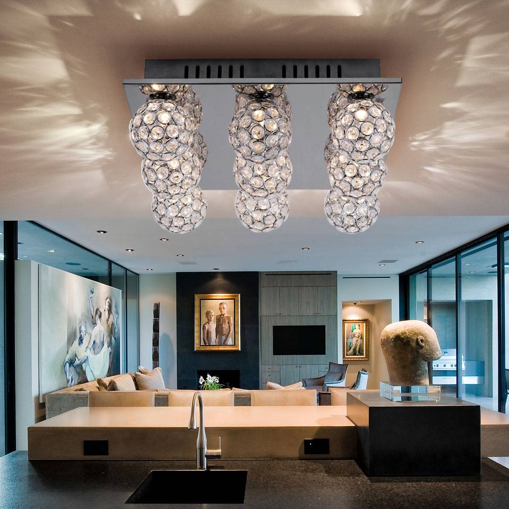 Deckenleuchte Kugeln Kristallleuchte Decke chrom Deckenlampe Kristalle Modern, Metall, 9-Flammig G9 Fassungen, LxBxH 37x37x14 cm