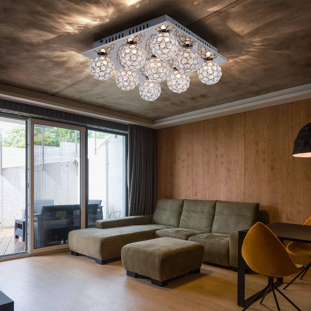 Deckenleuchte Deckenlampe quadratisch Chrom 9-flammig Acrylkristalle Kugeln Leuchte Lampe