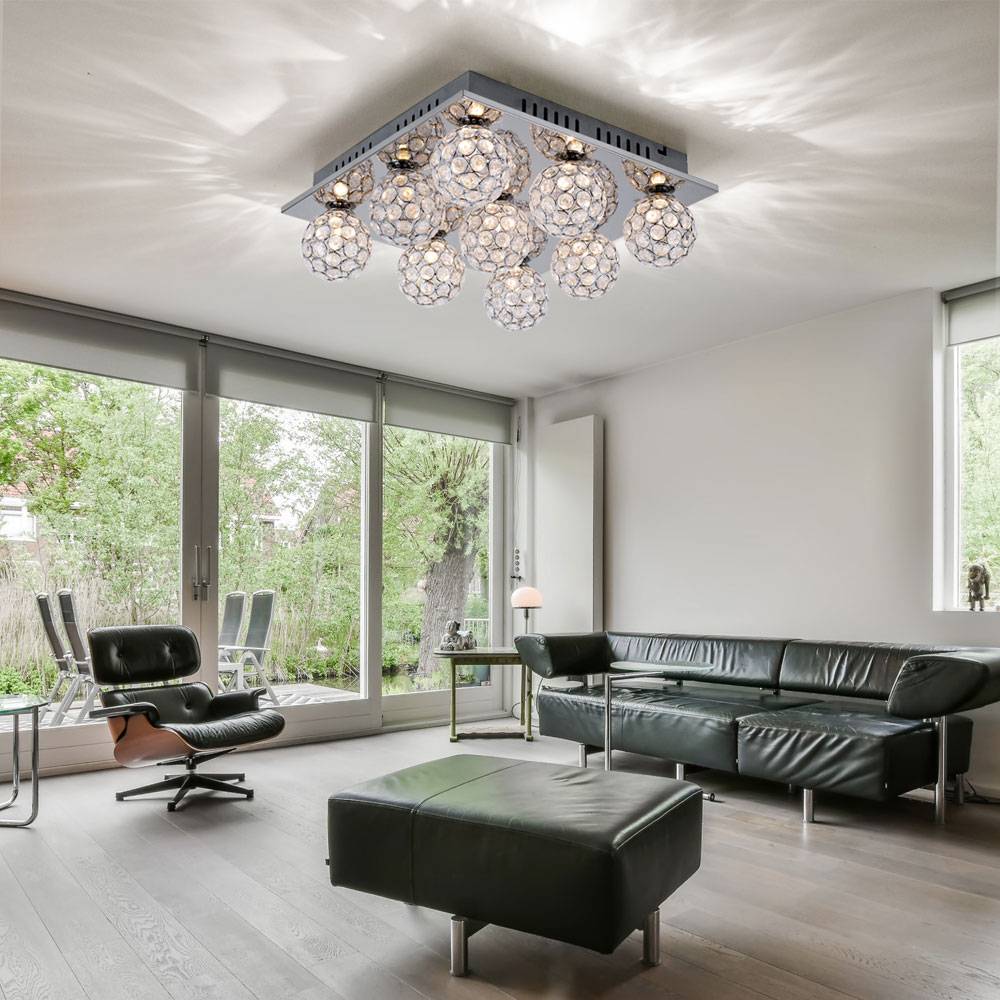 Deckenleuchte Deckenlampe quadratisch Chrom 9-flammig Acrylkristalle Kugeln Leuchte Lampe