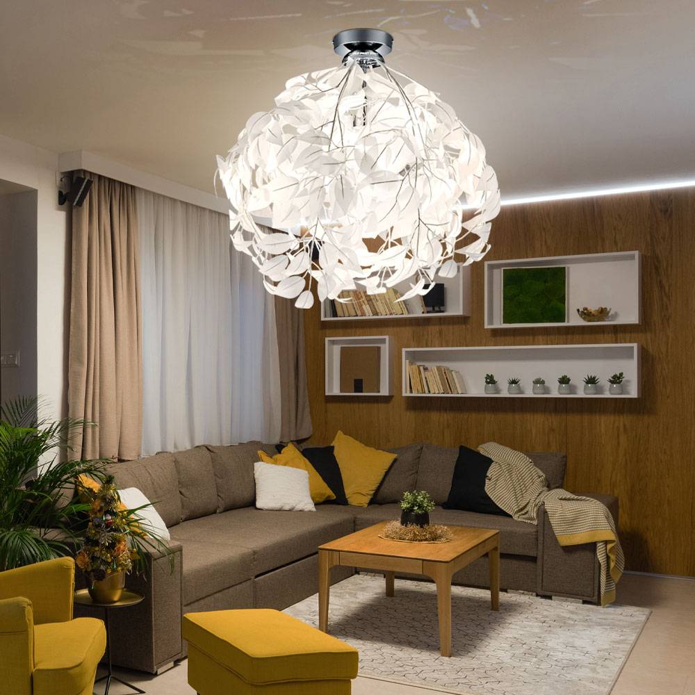 Deckenlampe Blüten Design Wohnzimmerleuchte Deckenleuchte Floral Kugel Äste Esszimmerlampe, Metall Chrom, 1x E27, D x H 38 x 58 cm