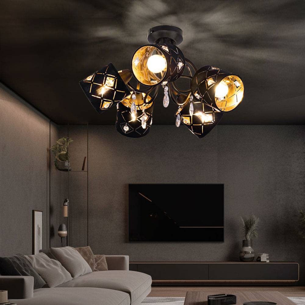 Schlafzimmer Deckenlampe schwarz Retro Deckenleuchte Küche Lampe Strahler schwarz, Kristallbehang, 5 Flammig E14, DxH 46x27,5 cm