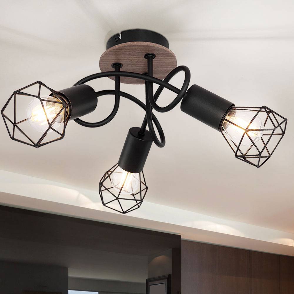 Vintage Deckenlampe Spot Rondell Deckenstrahler Deckenlampe Wohnzimmer 3 flammig Metall schwarz, Spots beweglich, Metallgeflecht Holz, 3x E14