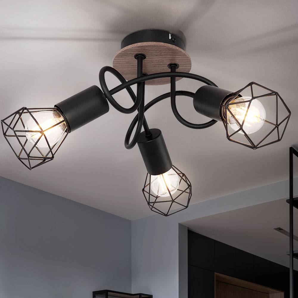 Vintage Deckenlampe Spot Rondell Deckenstrahler Deckenlampe Wohnzimmer 3 flammig Metall schwarz, Spots beweglich, Metallgeflecht Holz, 3x E14