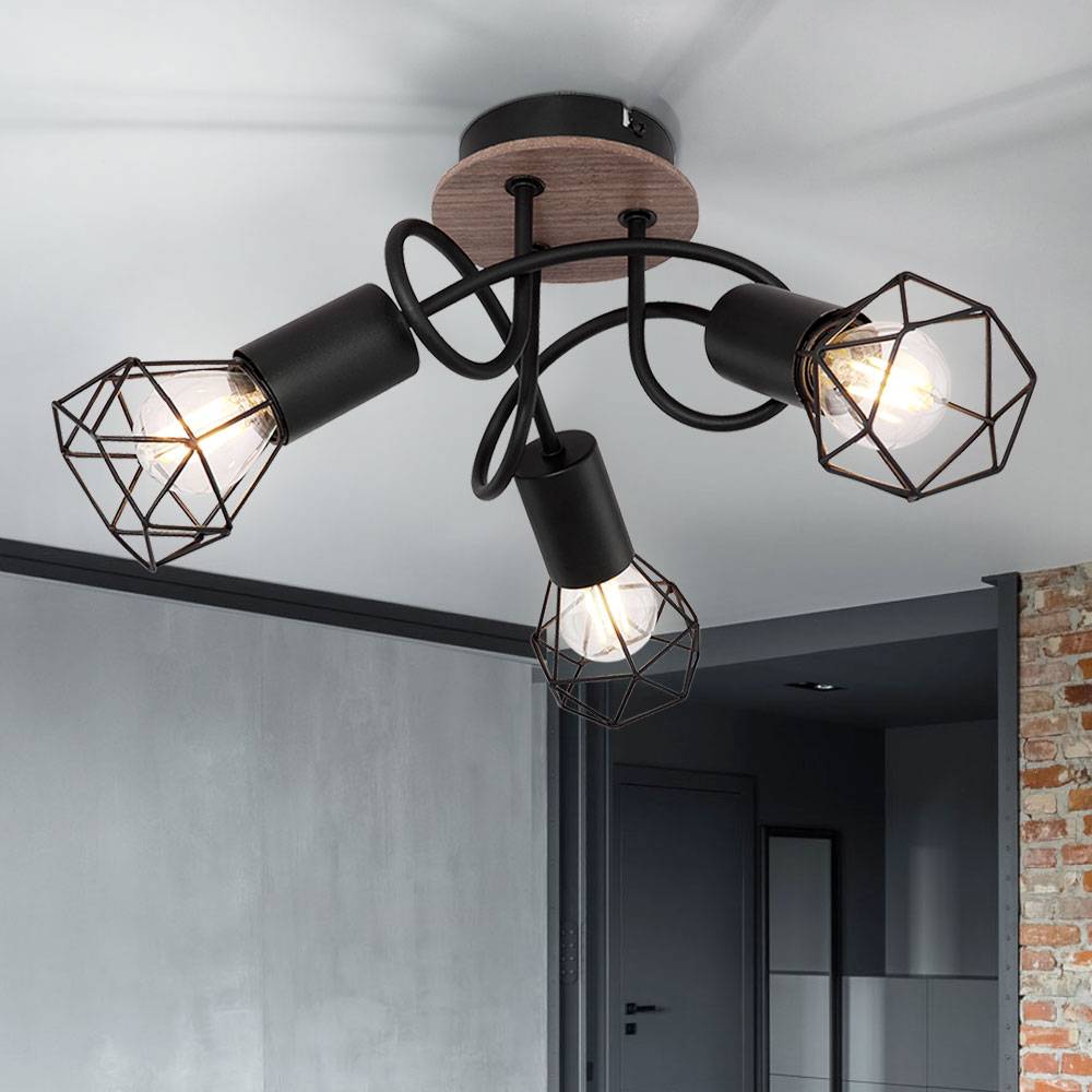 Vintage Deckenlampe Spot Rondell Deckenstrahler Deckenlampe Wohnzimmer 3 flammig Metall schwarz, Spots beweglich, Metallgeflecht Holz, 3x E14