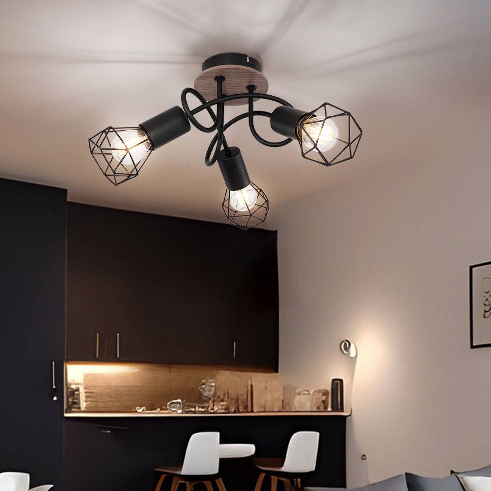 Vintage Deckenlampe Spot Rondell Deckenstrahler Deckenlampe Wohnzimmer 3 flammig Metall schwarz, Spots beweglich, Metallgeflecht Holz, 3x E14