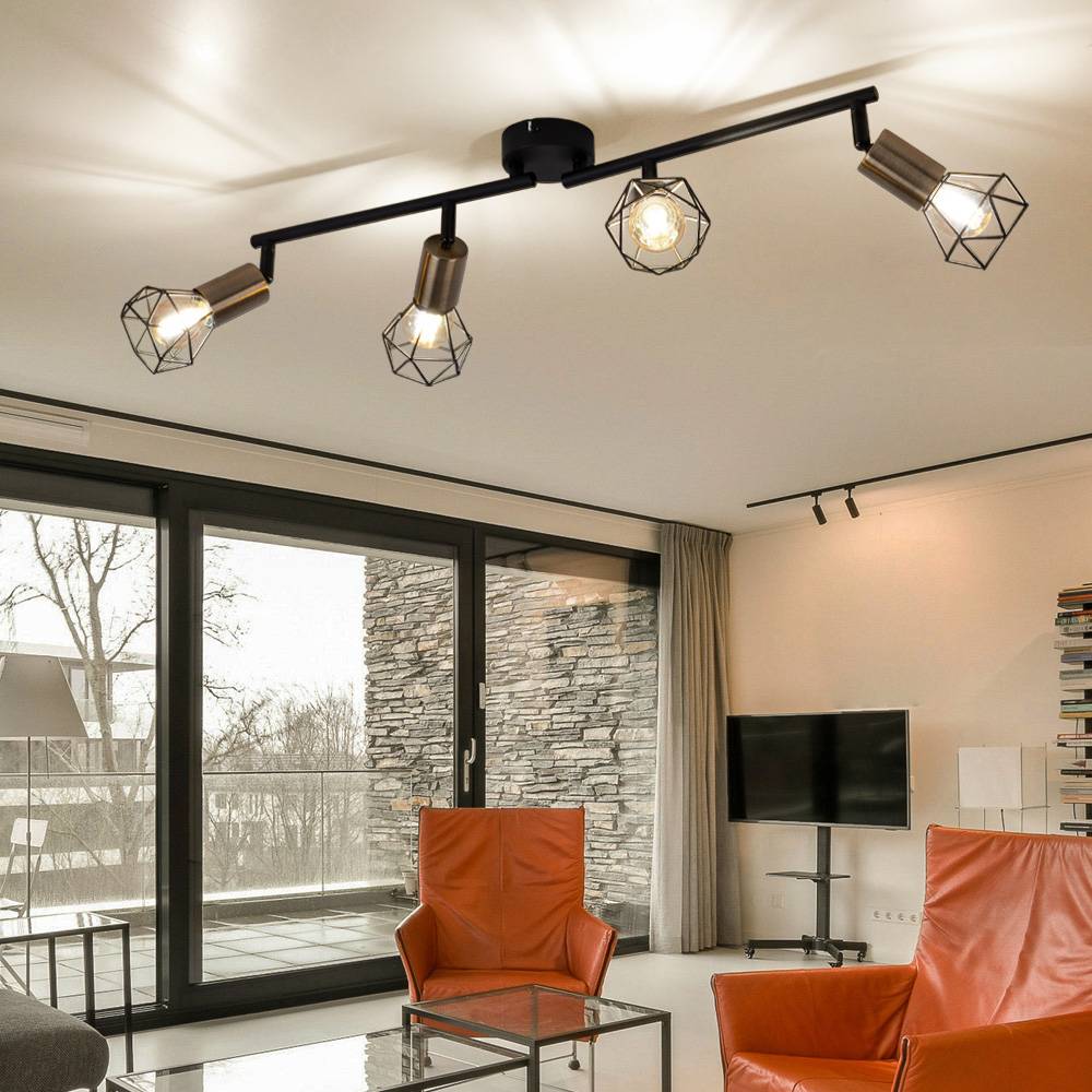 Deckenleuchte 4 flammig schwarz Spotleuchte Deckenlampe schwenkbar, schwarz altmessing, Käfig Design Metall, 4x E14, LxBxH 60x8x20,5 cm