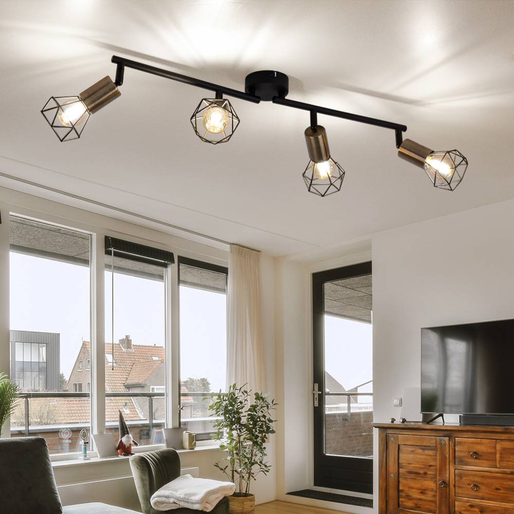 Deckenleuchte 4 flammig schwarz Spotleuchte Deckenlampe schwenkbar, schwarz altmessing, Käfig Design Metall, 4x E14, LxBxH 60x8x20,5 cm