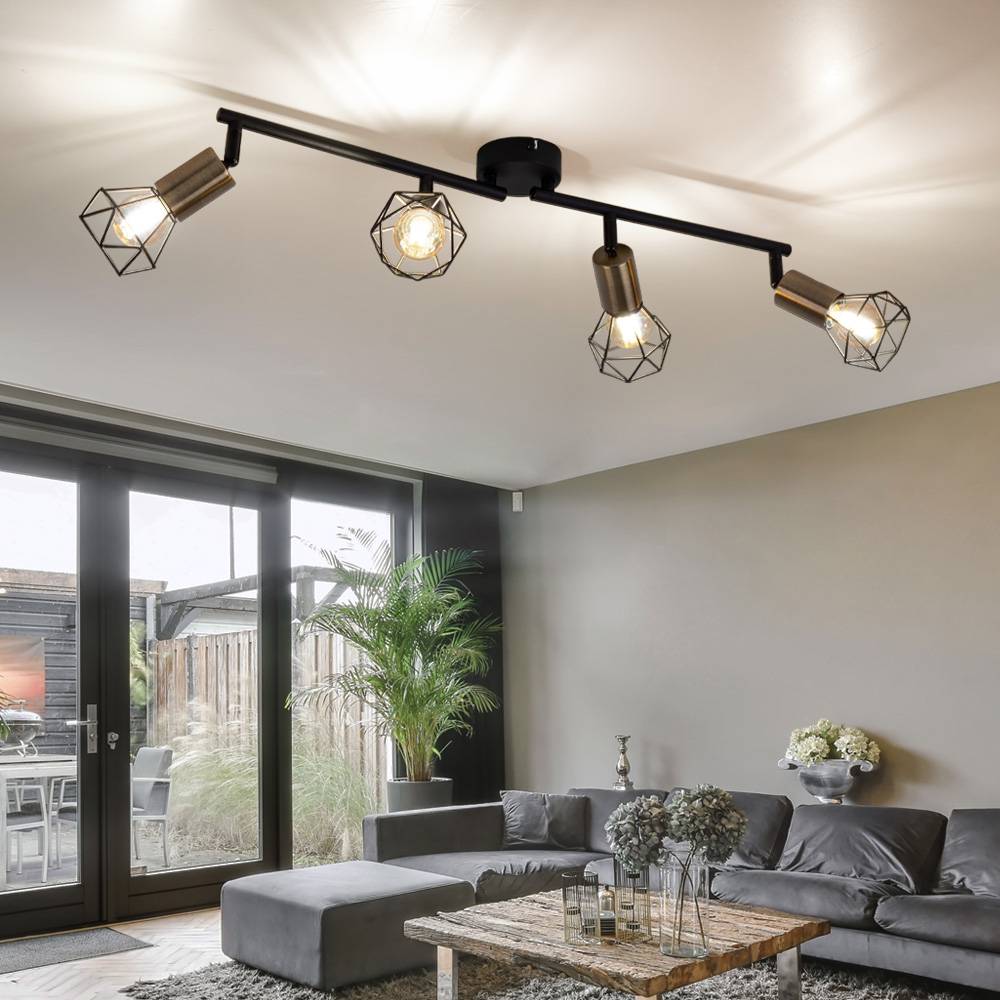 Deckenleuchte 4 flammig schwarz Spotleuchte Deckenlampe schwenkbar, schwarz altmessing, Käfig Design Metall, 4x E14, LxBxH 60x8x20,5 cm